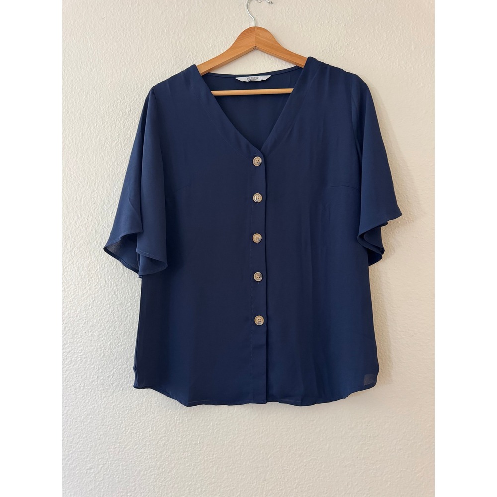 Meaneor Blouse Button Down Flutter Sleeve‎ V-Neck Size M Navy Blue Excellent